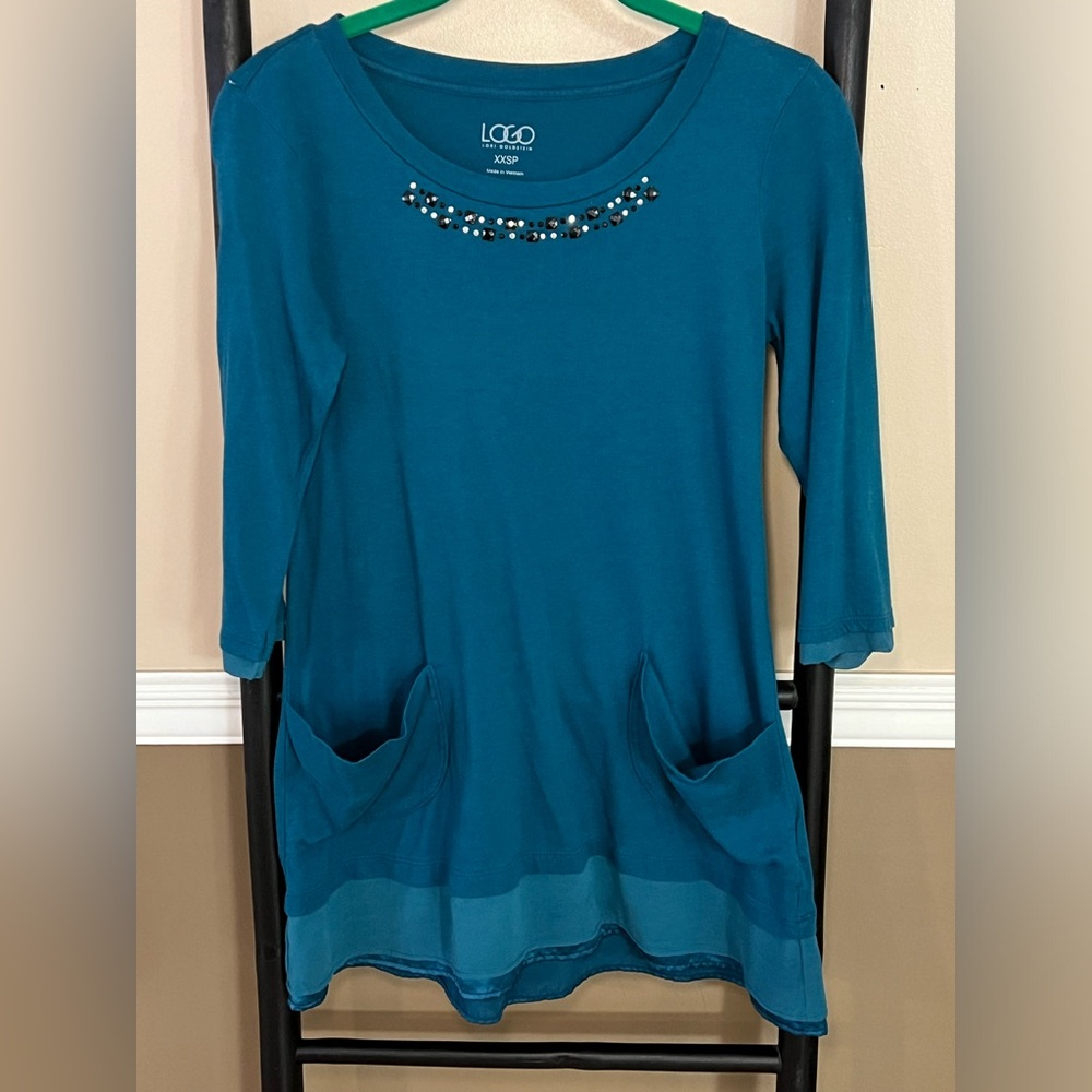 LOGO Turquoise Tunic Length XXS Blouse With Front Pockets and Chiffon Trim